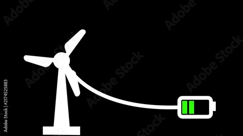 Animated white icon of a wind turbine generating power to charge a battery.