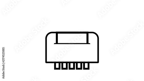 Animated black outline icon of a paper shredder destroying a document.