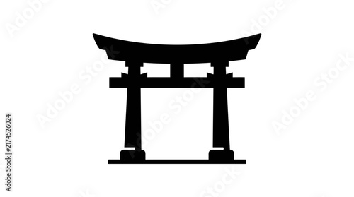 Black Silhouette of a Traditional Japanese Torii Gate Isolated on White Background.