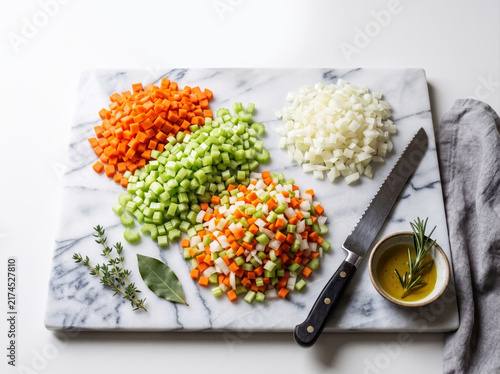 Classic mix of chopped fresh carrots celery and onion ready for cooking on white