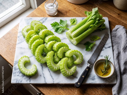 Top view of fresh green sliced celery sticks isolated on white background