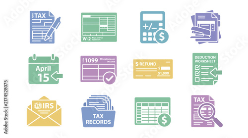 Colorful tax and finance icons.