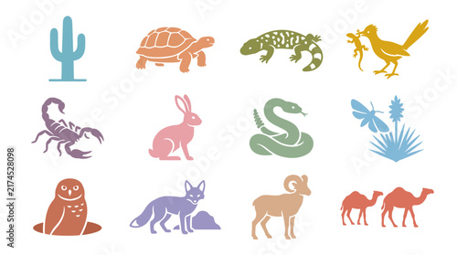 Collection of various desert animals icons.