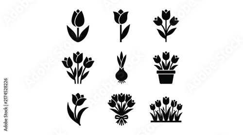 Black Tulip Flower Silhouette Icons Set.
