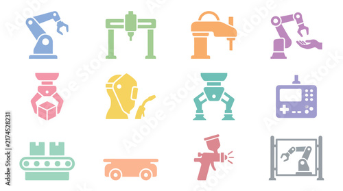 Industrial robots and machines icons.