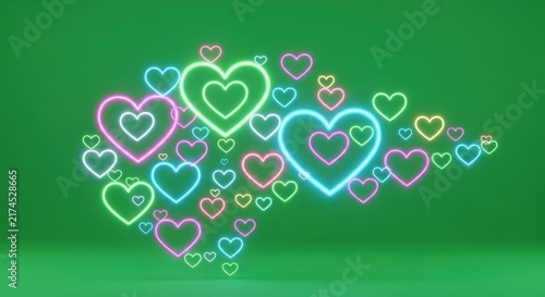 Colorful Neon Hearts on Vibrant Green Background.