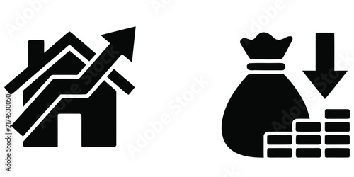 Black and white icons representing rising real estate market prices and decreasing financial savings or capital investment