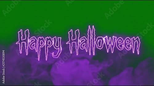 Happy Halloween Spooky Purple Text on Green Screen with Smoke.