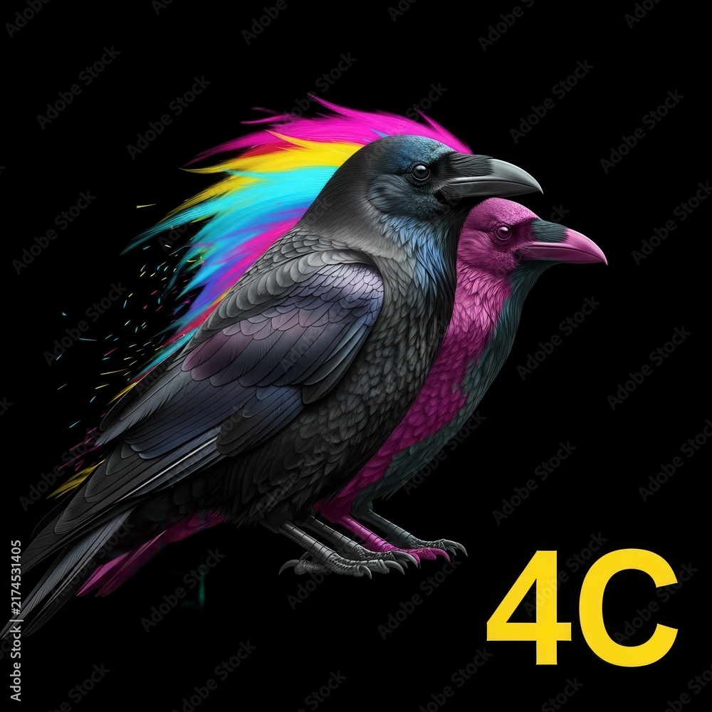 Naklejka premium Colorful raven birds with vibrant rainbow feathers on black background.