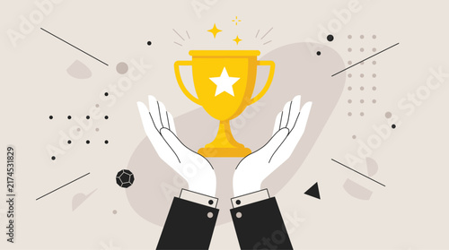 Business hands holding a golden trophy cup, concept of success, achievement, victory, and professional recognition, flat vector illustration design