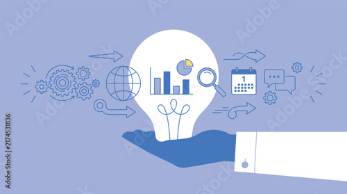 A hand holding a lightbulb icon surrounded by business and data analysis symbols including gears, a globe, charts, a magnifying glass, a calendar, and speech bubbles on a light blue background