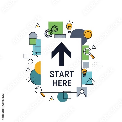 Colorful Start Here Arrow with Business Icons Design.