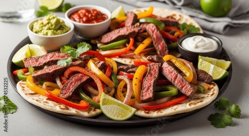 Colorful Steak Fajitas with Fresh Toppings on Plate.