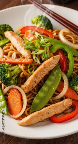 Colorful Stir Fry Noodles with Chicken and Vegetables.