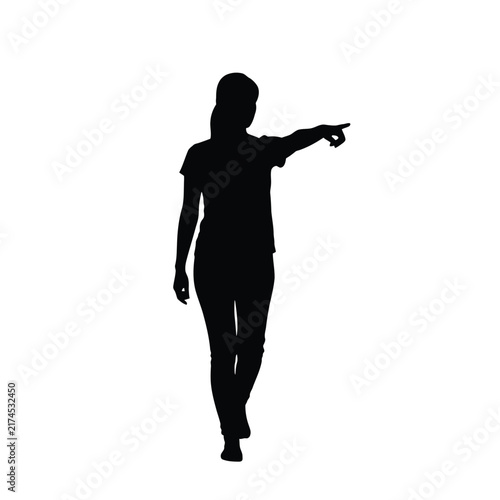 Woman points forward with her right hand in a walking motion silhouette.