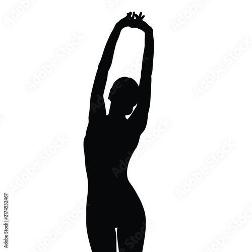 Woman stretches arms overhead in a black silhouette profile isolated on white.