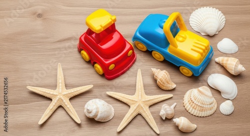 Colorful toy trucks and seashells on wooden background.