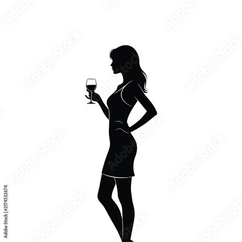 Woman silhouette stands elegantly while holding a wine glass filled with a beverage.