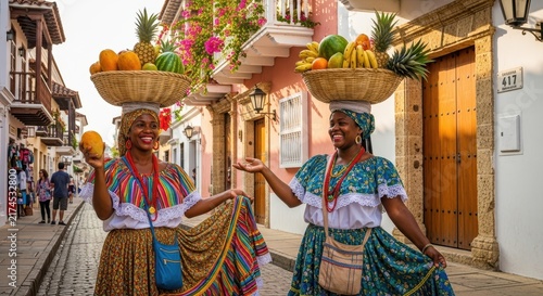 Colorful street vendors with fruit baskets in historic town.