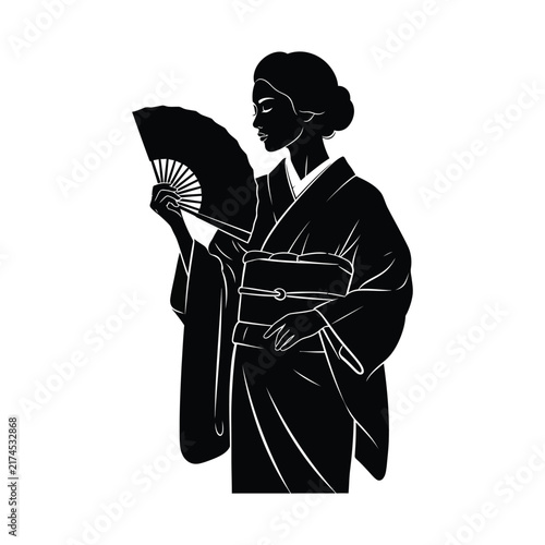 Geisha silhouette holding a traditional folding fan in her hand.