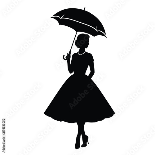 Lady standing gracefully under an umbrella while holding it with one hand.