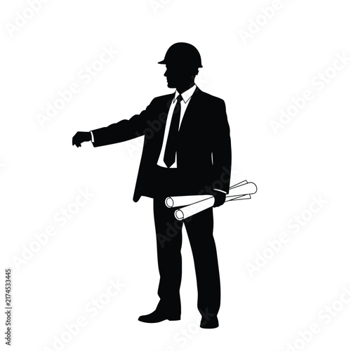 Civil engineer wearing hard hat holds blueprint rolls while pointing forward.