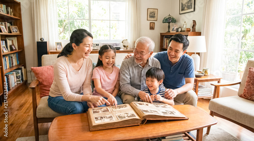 Generations Sharing Memories: A heartwarming scene of a multi-generational Asian family gathered in a cozy living room, reminiscing over an old photo album.