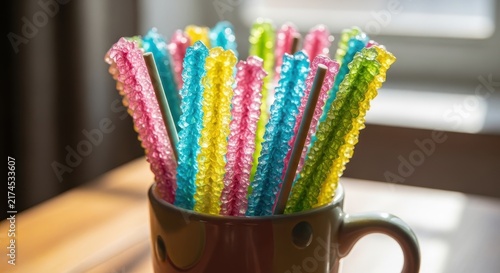 Colorful sugar coated candy sticks in a ceramic mug.