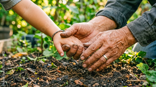 Hands in the Soil: An elder's experienced hands gently guide a child's smaller ones as they plant seeds in rich soil, fostering a connection to nature and a legacy of growth.