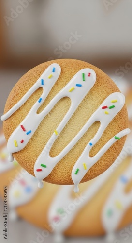 Colorful sprinkles on white iced donut close up.