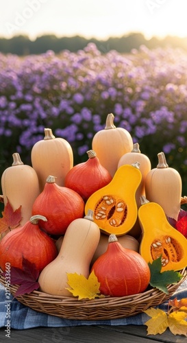 Colorful Squash and Pumpkins in a Basket with Flowers.