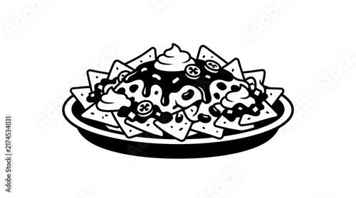 Black and white line art illustration of a plate of loaded nachos.