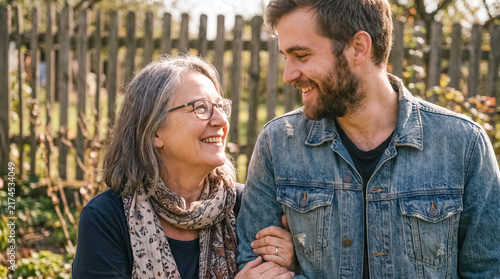A Cherished Moment: A warm embrace between a mother and her adult son, walking together outdoors, their smiles reflecting a deep bond of love and connection.