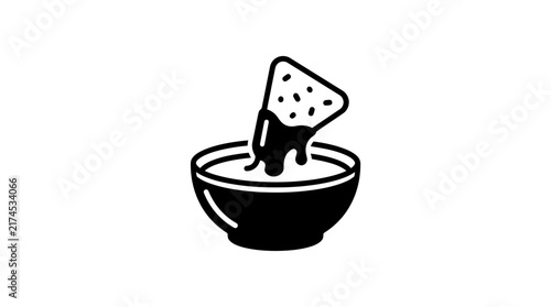 Black and white icon of a tortilla chip dipping into a bowl of salsa.