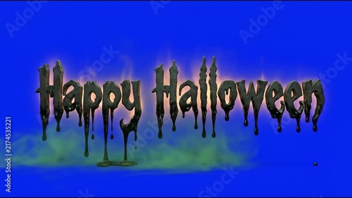 Spooky Happy Halloween Text Animation with Green Smoke on Blue Screen.