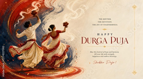 Bengali Couple Performing Dhunuchi Naach Dance for Happy Durga Puja Festival Greeting Banner Background