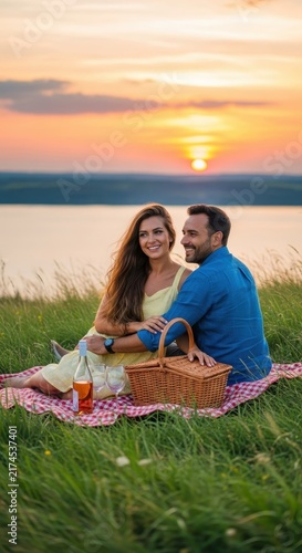 Couple enjoying a romantic picnic at sunset by the lake.
