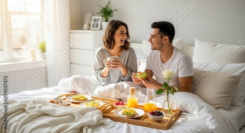 Couple enjoying breakfast in bed together at home.