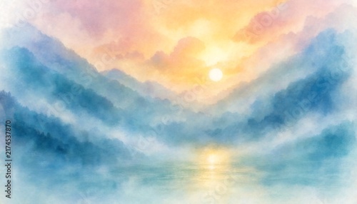 Misty mountain range at sunrise with soft pastel sky and calm water reflection
