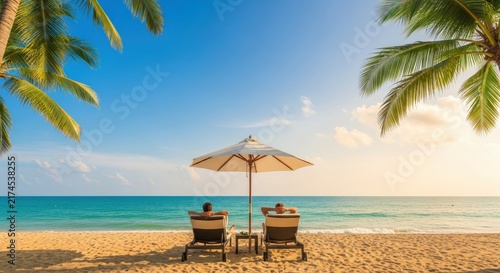 Couple relaxing under umbrella on tropical beach.