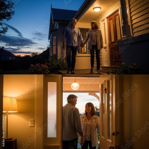 Couple standing at front door of cozy home at dusk.