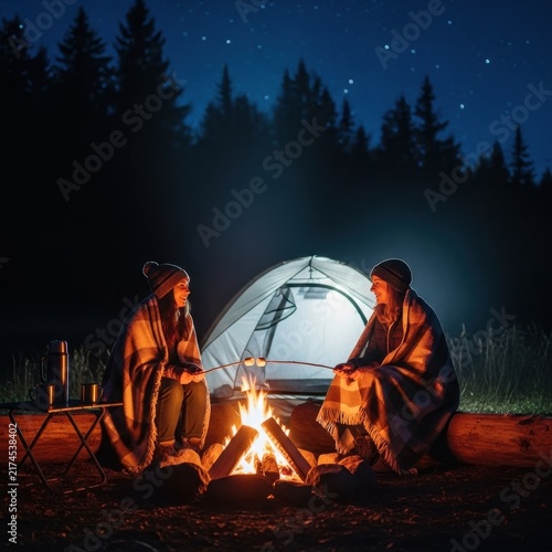 Couple sitting by campfire under starry night sky with tent.