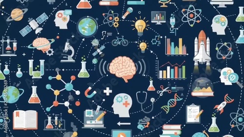 collage of science and technology icons featuring a space shuttle, microscope, DNA helix, brain, atom, laboratory tools, books, satellite, bicycle, and charts.