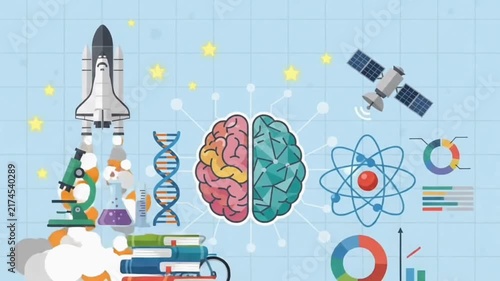 collage of science and technology icons featuring a space shuttle, microscope, DNA helix, brain, atom, laboratory tools, books, satellite, bicycle, and charts.