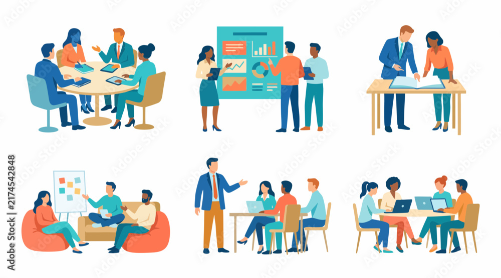 Fototapeta premium Diverse professional business teams collaborating during corporate meetings featuring modern flat vector illustration style office concepts