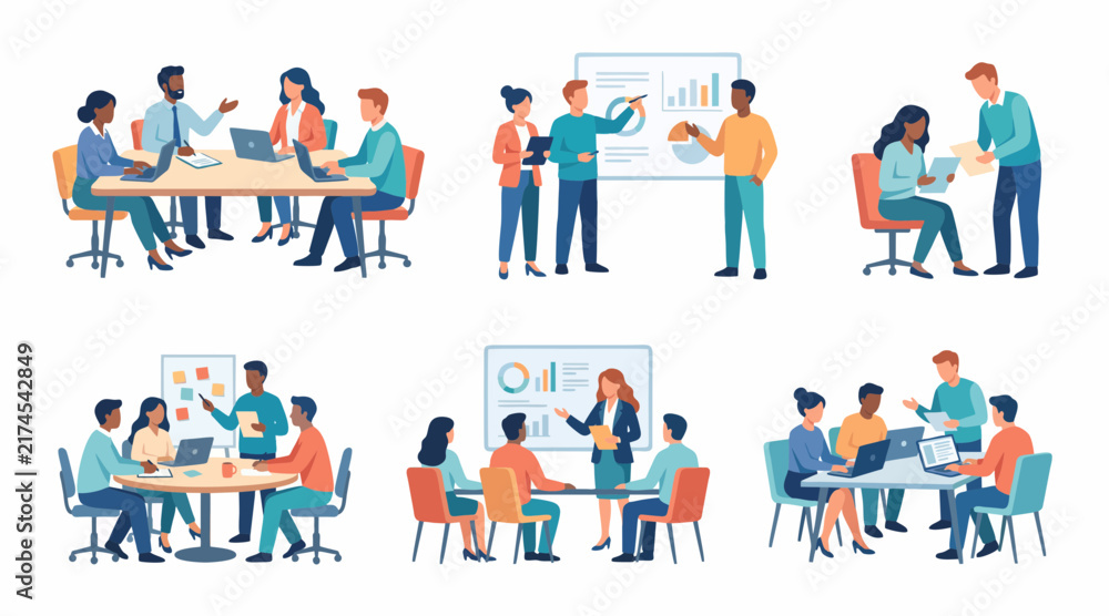 Fototapeta premium Professional business team members working together in a modern vector graphic office meeting collaboration setting