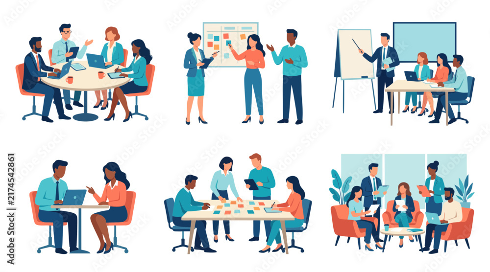 Fototapeta premium Professional business office teamwork scenarios collection featuring diverse employees collaborating on corporate projects with digital tools