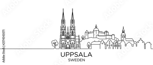Uppsala skyline line art featuring Uppsala Cathedral and historic Swedish architecture, minimalist black and white city illustration with copy space