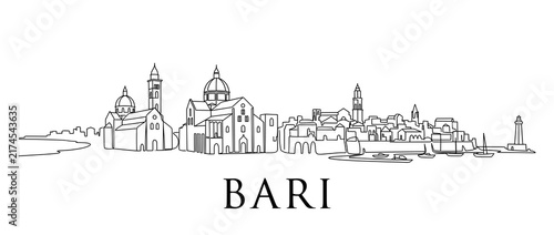 Minimalist Bari skyline line art with city name, black and white illustration of historic Italian coastal architecture and landmarks on white background