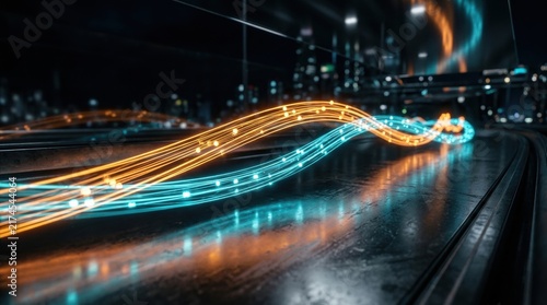 Abstract Light Trails in Urban Night: Streaks of vibrant blue and orange light paint the asphalt, creating a dynamic and futuristic cityscape at night, suggesting speed and innovation.